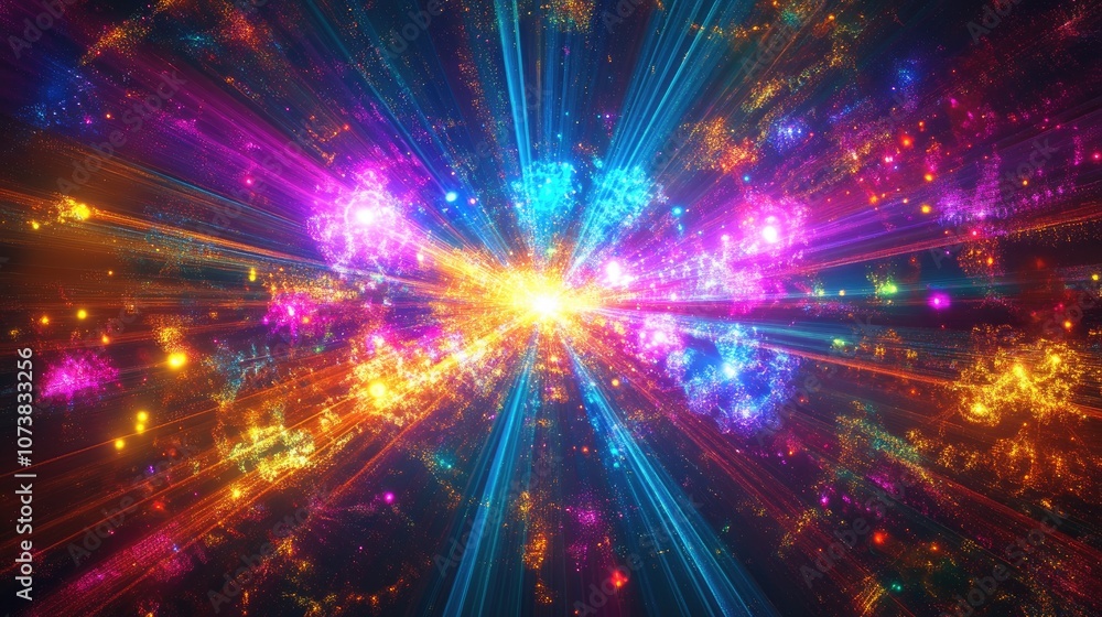 Poster abstract multicolored art background featuring golden light laser beams and glowing fractals ideal f