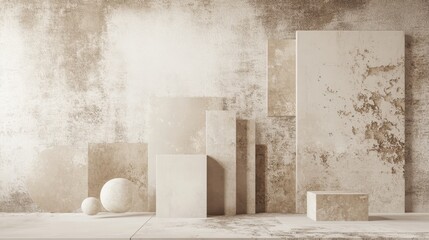 An abstract composition of beige geometric shapes against a textured wall, creating a calm and minimalist atmosphere.