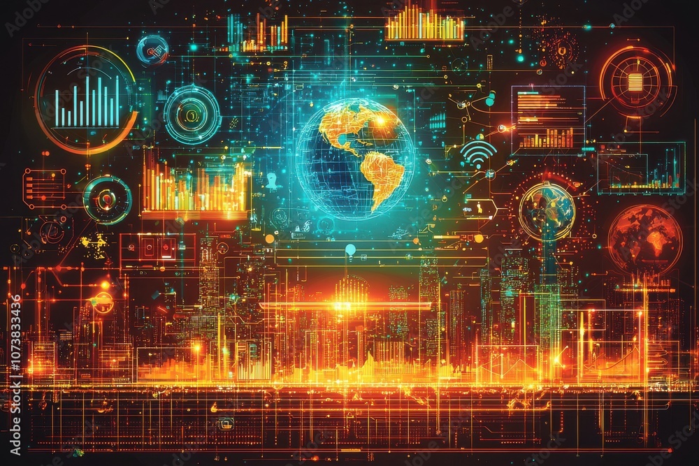 Aufkleber digital world map with futuristic data analysis interface