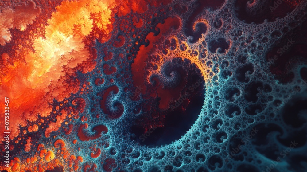 Poster abstract background featuring a red and blue color palette with intricate raster fractal patterns