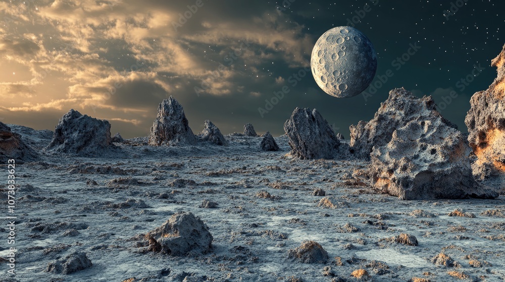 Poster surreal planetary scene computer generated 3d artwork featuring unique rocks and a moon