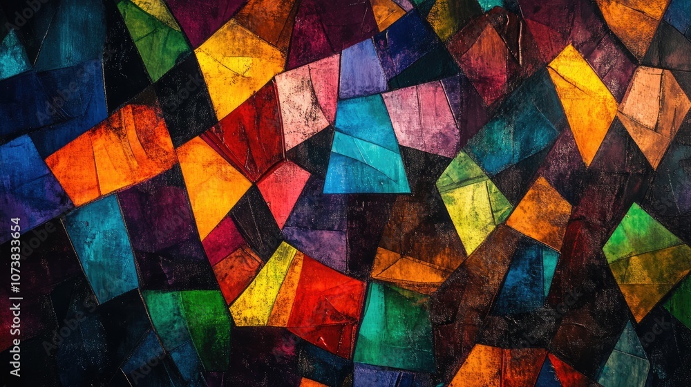 Poster fantasy abstract dark backdrop featuring fragmented colorful patterns