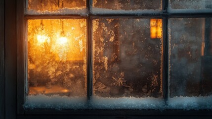 Frosted window with warm light glowing softly inside