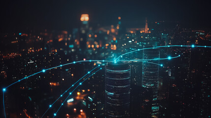 Obraz premium Smart digital Innovation city Business skyscrapers in the Financial District with connection network reciprocity over the cityscape. of future smart wireless digital city and social media networking