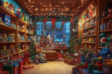 Toy shop decorated with festive ornaments and shimmering lights