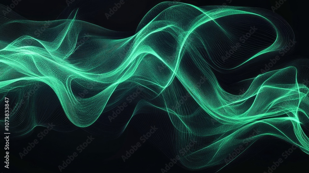 Poster glowing green neon lines on a black background creating a striking abstract design element