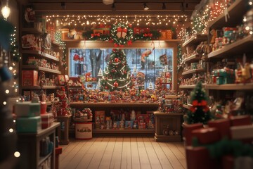 Fototapeta premium Bustling toy store with festive Christmas decorations and sparkling lights