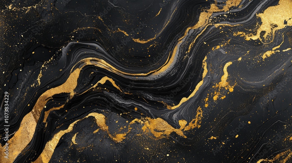 Poster abstract black and gold swirling wave pattern resembling marble tile flowing liquid lines create a d