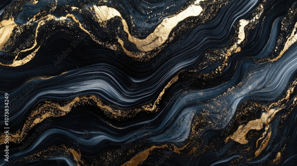 Poster abstract black and gold swirling wave pattern resembling marble tile flowing liquid lines create a d
