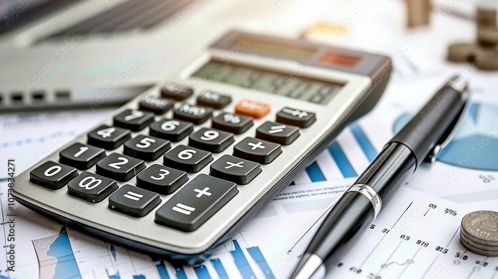 Poster a calculator and pen are on a table with a stack of papers