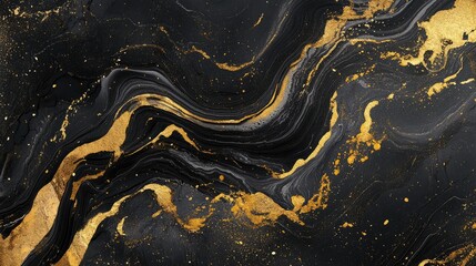 Abstract black and gold swirling wave pattern resembling marble tile Flowing liquid lines create a dynamic design element