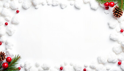 White snow background with scattered pinecones and red berries on the borders, copy space