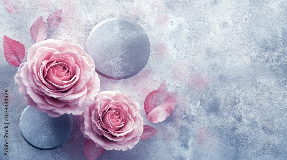 Poster fantasy background featuring a rose fabric pattern with four 3d circles positioned above the textile