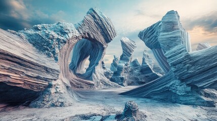Surreal alien landscape 3D rendered digital art featuring distinct rock formations