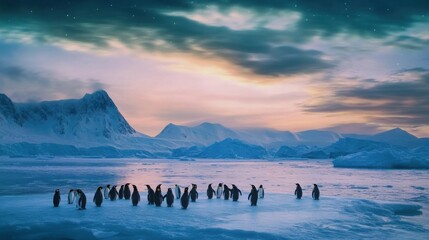 Naklejka premium A group of penguins stand on a frozen lake in Antarctica, with a stunning sunset and mountain range in the background.