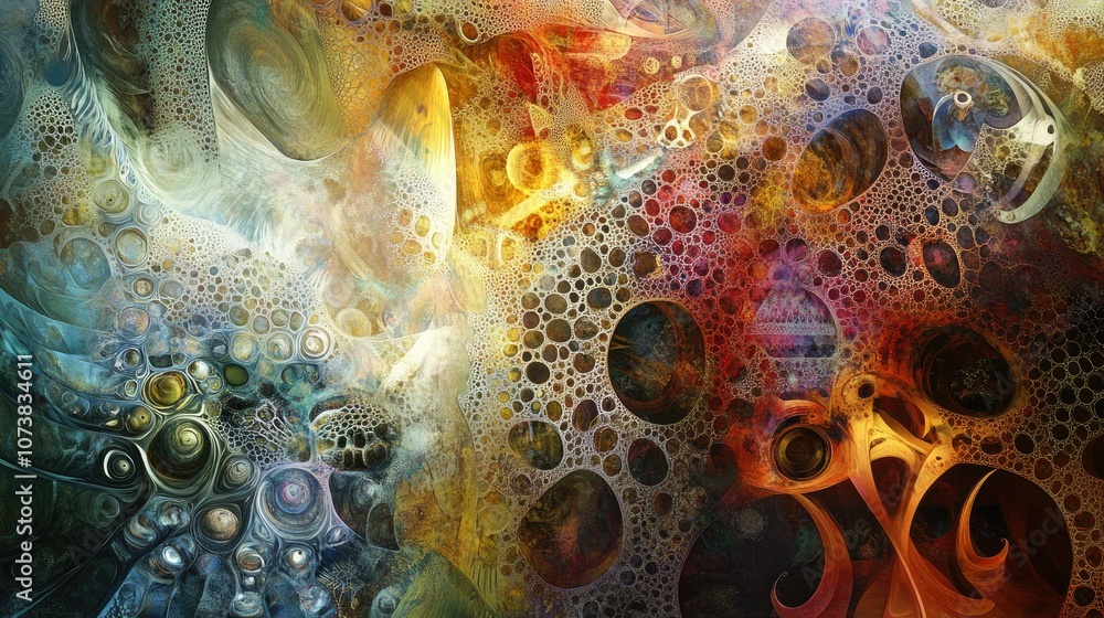Poster abstract composition featuring decorative shapes and fractal elements exploring themes of design ima