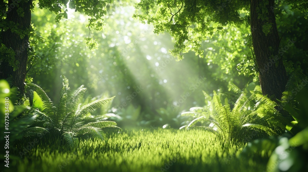 Poster serene forest scene with sunlight filtering through lush greenery, creating a tranquil atmosphere.