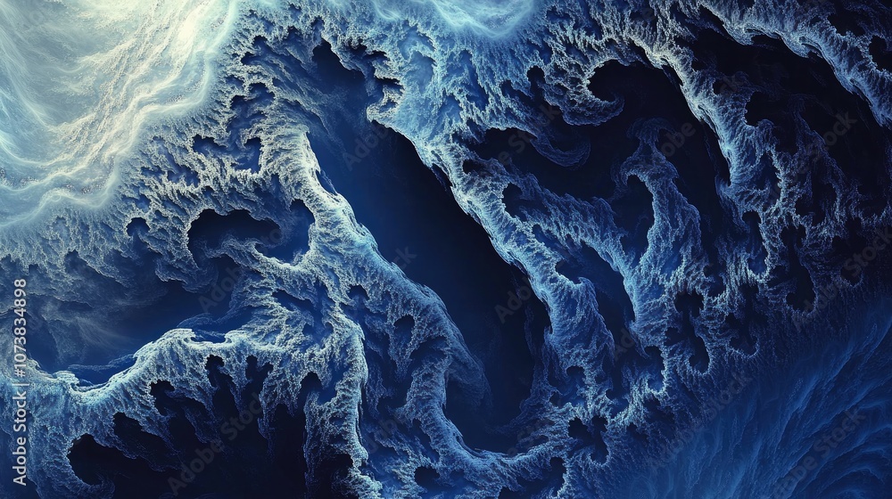 Poster abstract background with a dark blue color scheme featuring intricate raster fractal graphics