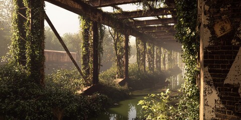 Fototapeta premium Nature Reclamation: Abandoned Railway Bridge Overgrown with Vines by Serene River | Ultra-Detailed Photo of Rusting Metal Beams Frame Scenic View