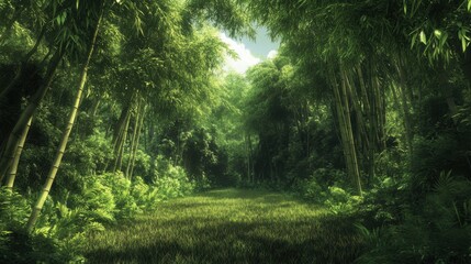 Lush green bamboo forest with sunlight filtering through, creating a serene and tranquil atmosphere.