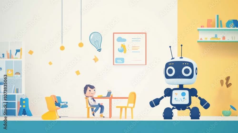 Aufkleber Children enjoy interacting with friendly robot assistants in a vibrant room designed for creativity and learning. Generative AI