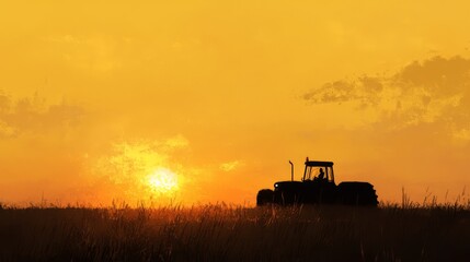 Naklejka premium Silhouette of a tractor driving through a field at sunset. (1)
