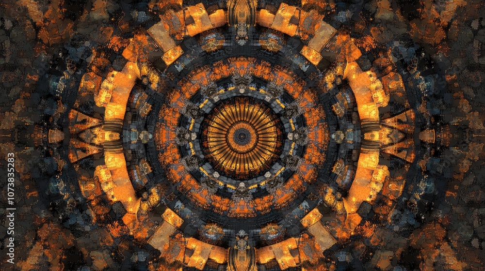 Poster Abstract square background featuring a symmetrical round decorative ornament pattern designed in mosaic style