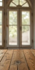 Wooden table top with blurred half-curtained window background, table, interior
