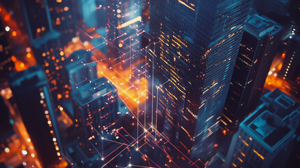 Smart digital Innovation city Business skyscrapers in the Financial District with connection network reciprocity over the cityscape. of future smart wireless digital city and social media networking