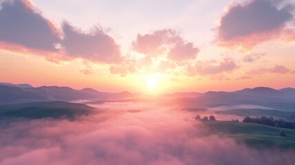 A stunning sunrise over misty hills, casting a warm glow across the landscape, evoking tranquility and peace.