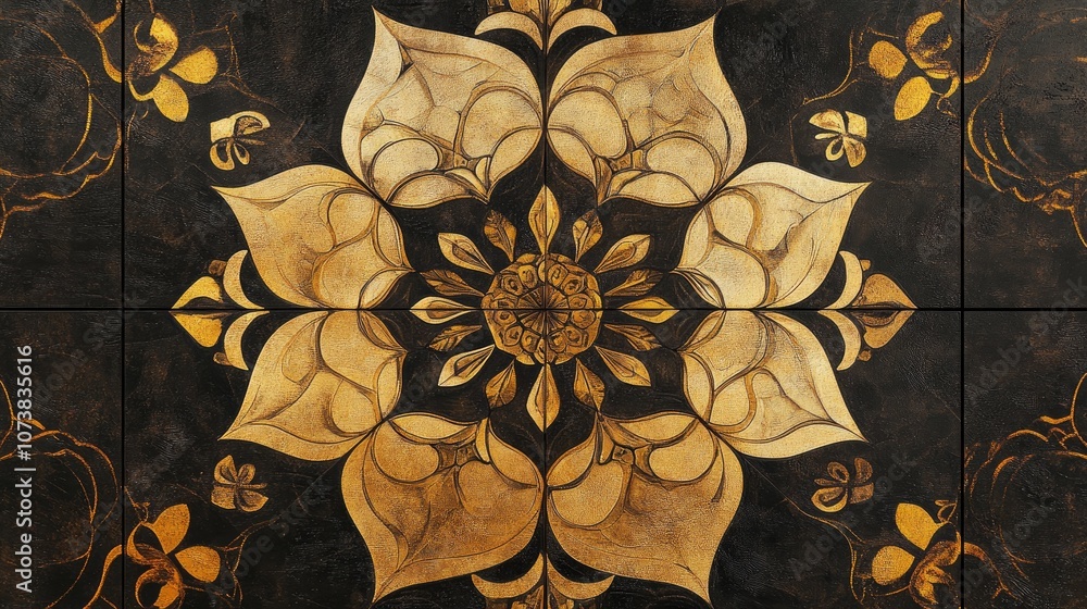 Poster kaleidoscopic tile design in golden hues featuring a mandala shape intricate abstract pattern with a