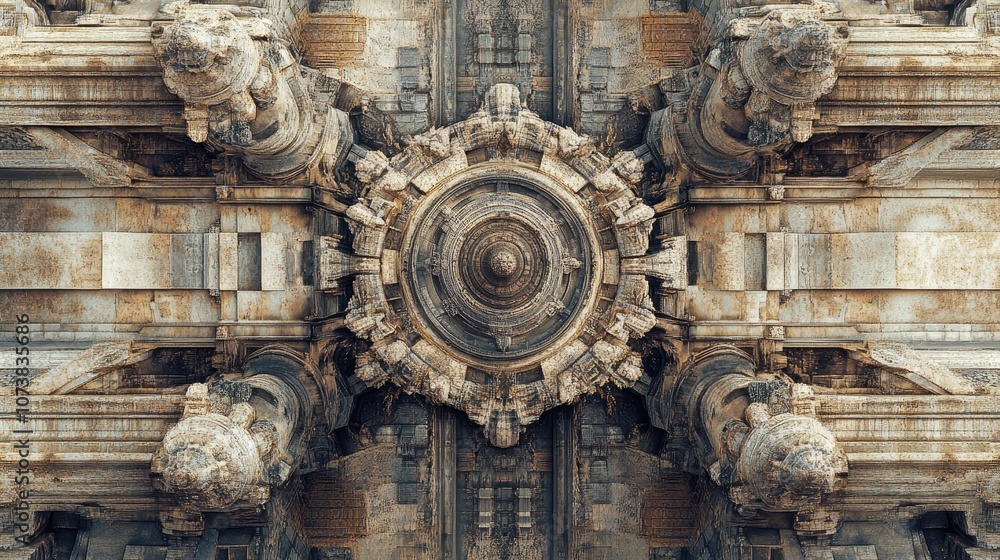 Poster abstract kaleidoscope background featuring an altered image of a monument resembling a mandala disti
