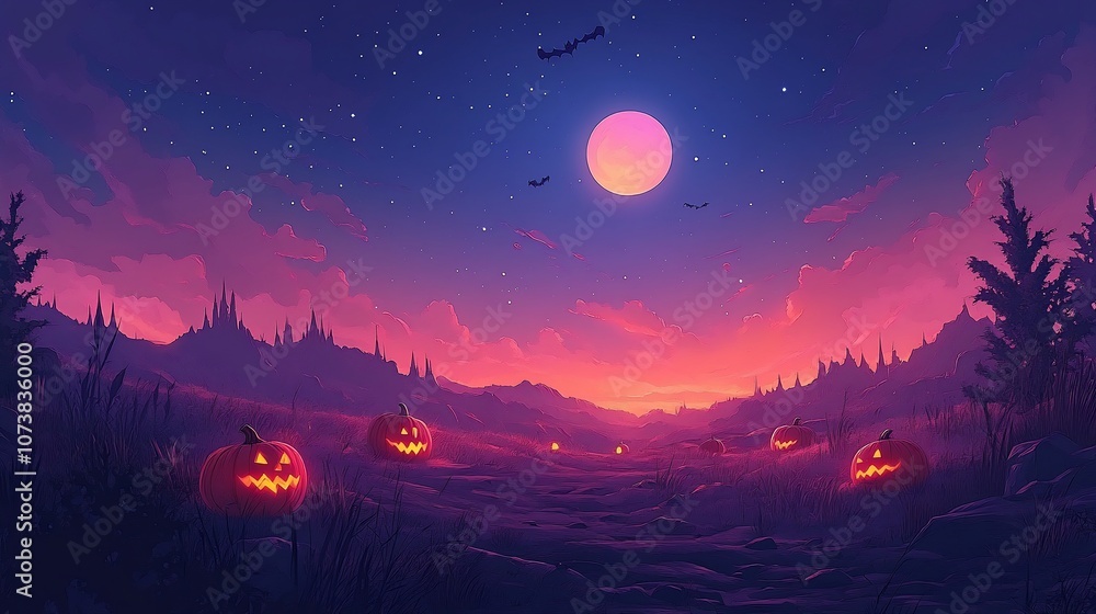 Poster a field of glowing jack-o'-lanterns under a full moon with bats flying in the sky.