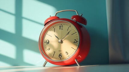 Naklejka premium Red alarm clock on a white surface with blue wall background.