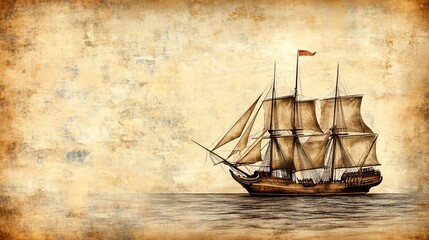An antique illustration of a sailboat on the ocean with a vintage, aged paper texture background.