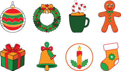 A collection of Christmas icons an ornament, wreath, gingerbread man, hot chocolate, gift box, bell, candle, and stocking.