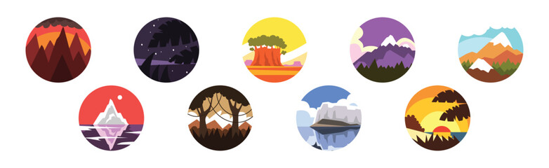 Beautiful Landscape and Nature Scene in Round Frame Vector Set