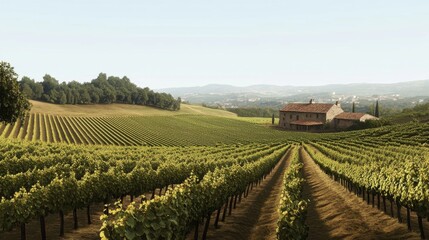 Fototapeta premium Scenic vineyard landscape featuring lush green grapevines and a rustic farmhouse under a clear sky.
