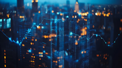 Obraz premium Smart digital Innovation city Business skyscrapers in the Financial District with connection network reciprocity over the cityscape. of future smart wireless digital city and social media networking