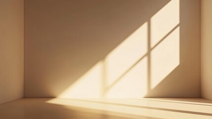 Fototapeta premium Soft sunlight filters through a window, casting gentle shadows and creating a peaceful atmosphere in the minimalist space. Generative AI