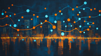 Smart digital Innovation city Business skyscrapers in the Financial District  with connection network reciprocity over the cityscape at night time of future smart wireless social media networking 