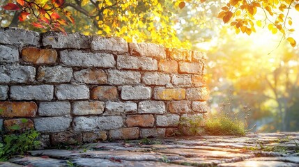 A sunlit scene featuring a stone wall surrounded by nature and warm autumn colors.