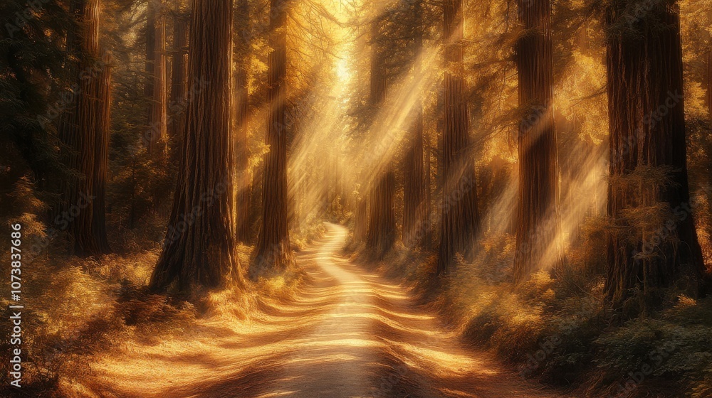 Poster a serene forest pathway illuminated by golden sunlight filtering through tall trees, creating a tran