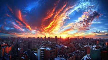 Stunning sunset over a bustling city skyline, showcasing vibrant clouds and urban rooftops.