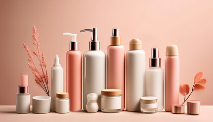 Aesthetic arrangement of various skincare and cosmetic containers in soft pink and white tones, complemented by delicate dried flowers Generative AI