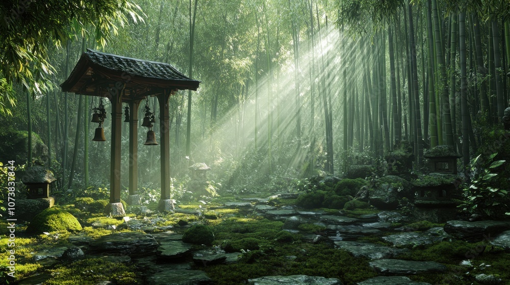 Poster serene bamboo forest with soft light filtering through trees, featuring a traditional structure and 