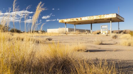 Whispers of the Past: Abandoned Gas Station Amidst Tall Grasses and Rusting Signs