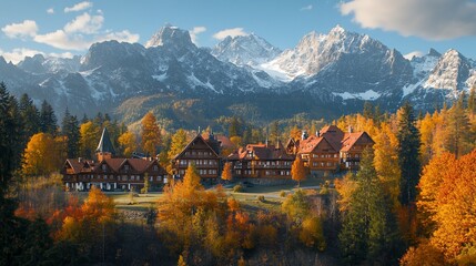 Picturesque village nestled amongst colorful autumn foliage and snow capped mountains.