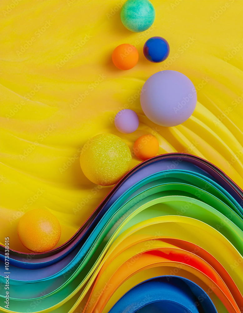 Poster a vibrant abstract composition with colorful paper waves and spheres. generative ai