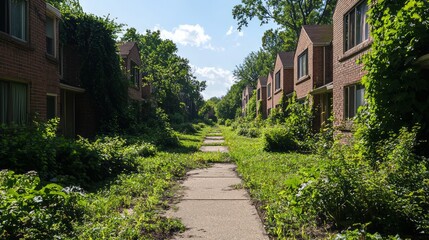 Fototapeta premium Eerie Beauty of Abandoned Suburbia: Nature Reclaims Desolate Residential Neighborhood.